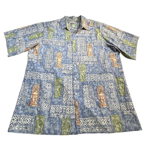 Reyn Spooner Hawaiian Camp Shirt Tiki 100% Cotton Size L VTG Blue Hawaii Resort - Picture 1 of 8